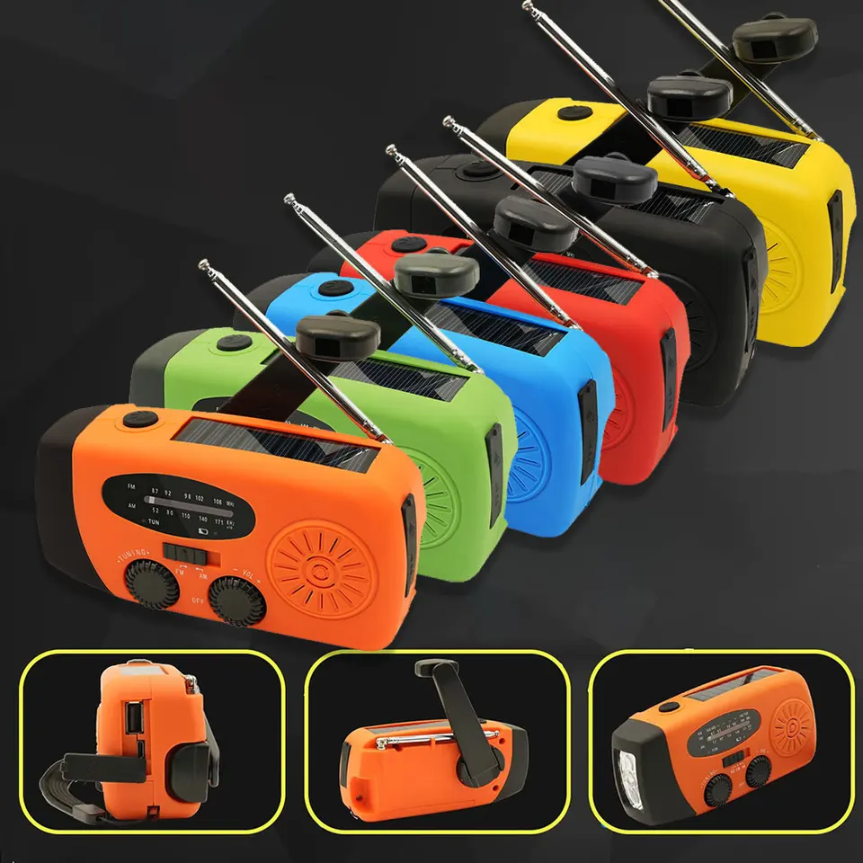 AM/FM Radio Solar Hand Cranked Camping Light s vonkajšou 2000 mah USB nabíjanie multifunkčného ručného dynamického LED baterky LED