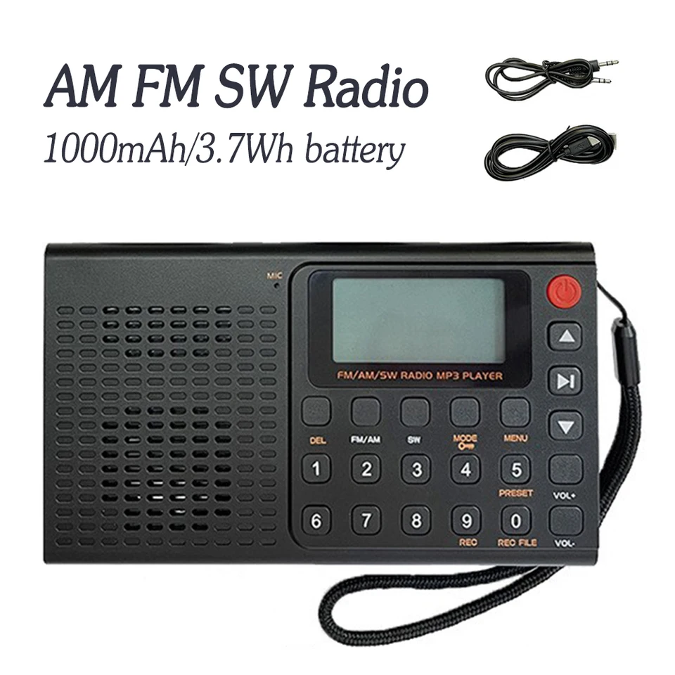 AM FM SW Radio Radior Recorder MP3 Hudobný prehrávač typu C Nabíjanie Preset Radio Station Teleskopická tyčinka Anténa aux hrá s reproduktorom