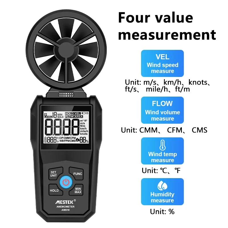 AM610 Prenosný digitálny digitálny veterný anemometer Anemometer Rýchlosť vetra ručného ručného LCD DETETER SPRÁVA AIR Rýchlosť