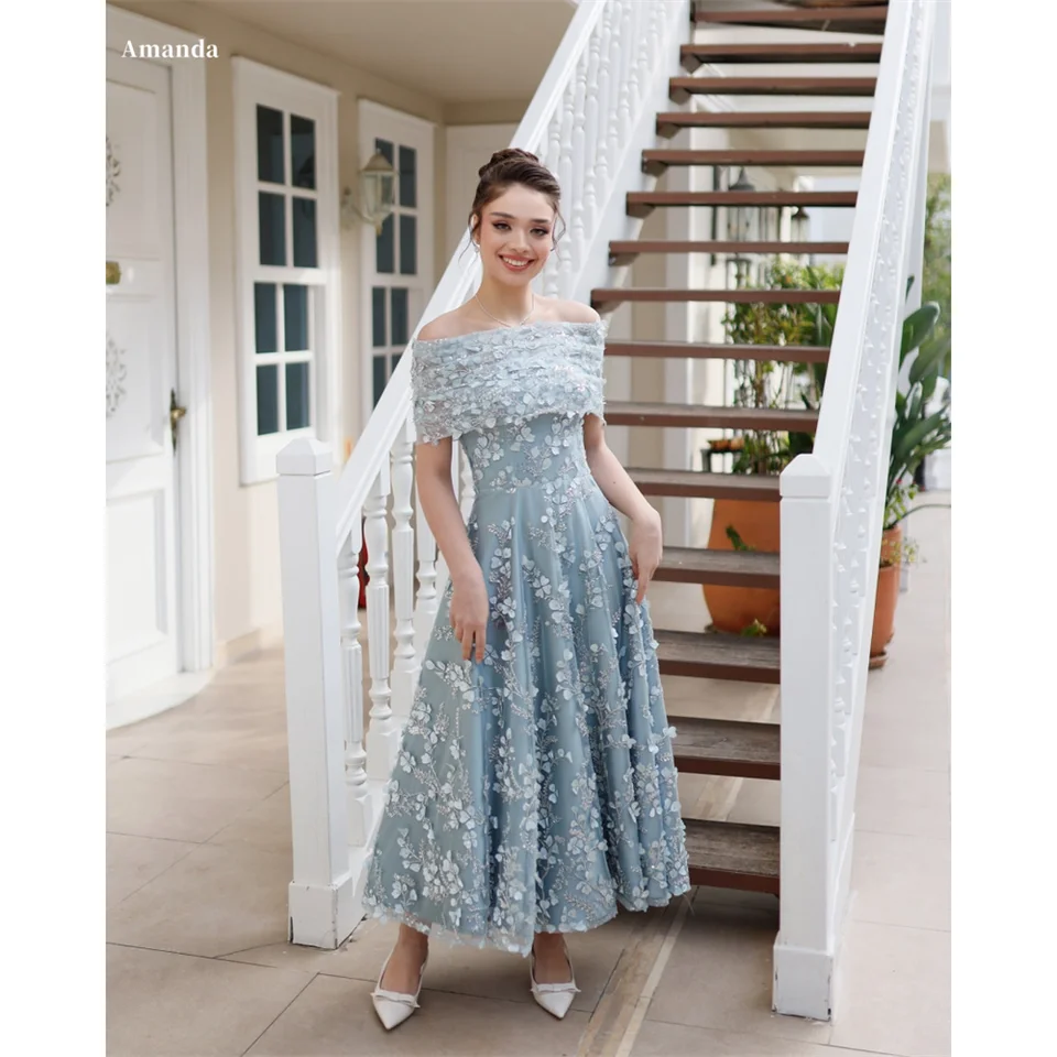 Amanda prispôsobená oblohe modré guľôčkové korálky korálky Prom šaty kvetinové výšivky Vestidos de noche z formálneho večera