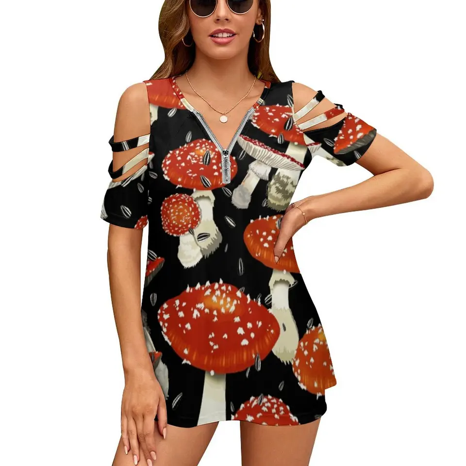 Amanita Women Zipper Sexy tlačené vinobranie tričká Tops Tops Full Print Trič