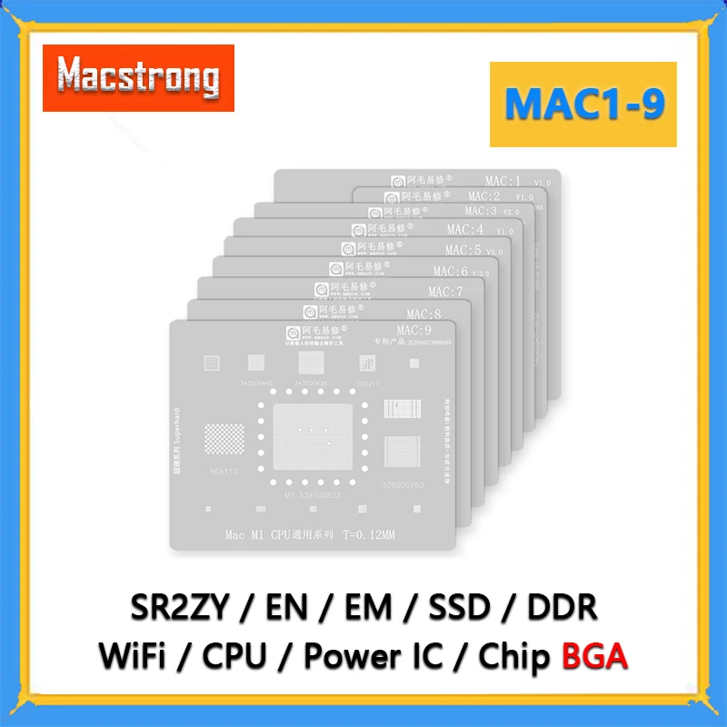 AMAOE MAC1-9 BGA Reballing Stencil 0,12 mm pre MacBook Pro A2159 A1534 A1706 A1707 A2338 M1 CPU en Em SSD DDR WiFi Power IC Čip