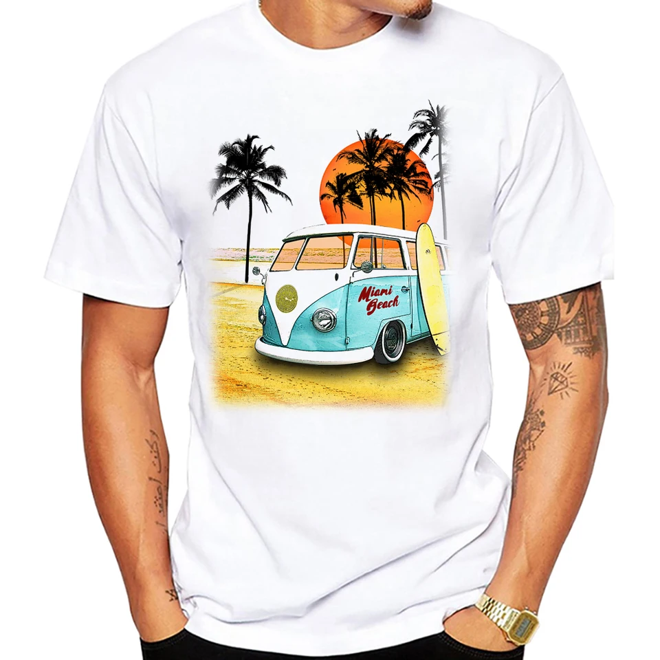 Ameitte Miami Beach scéna autá Men Tir tričko Grafický vintage plážový autobus Surf Surf Sport Cloth Retro surfovanie dosky Tops sup fanúšikov