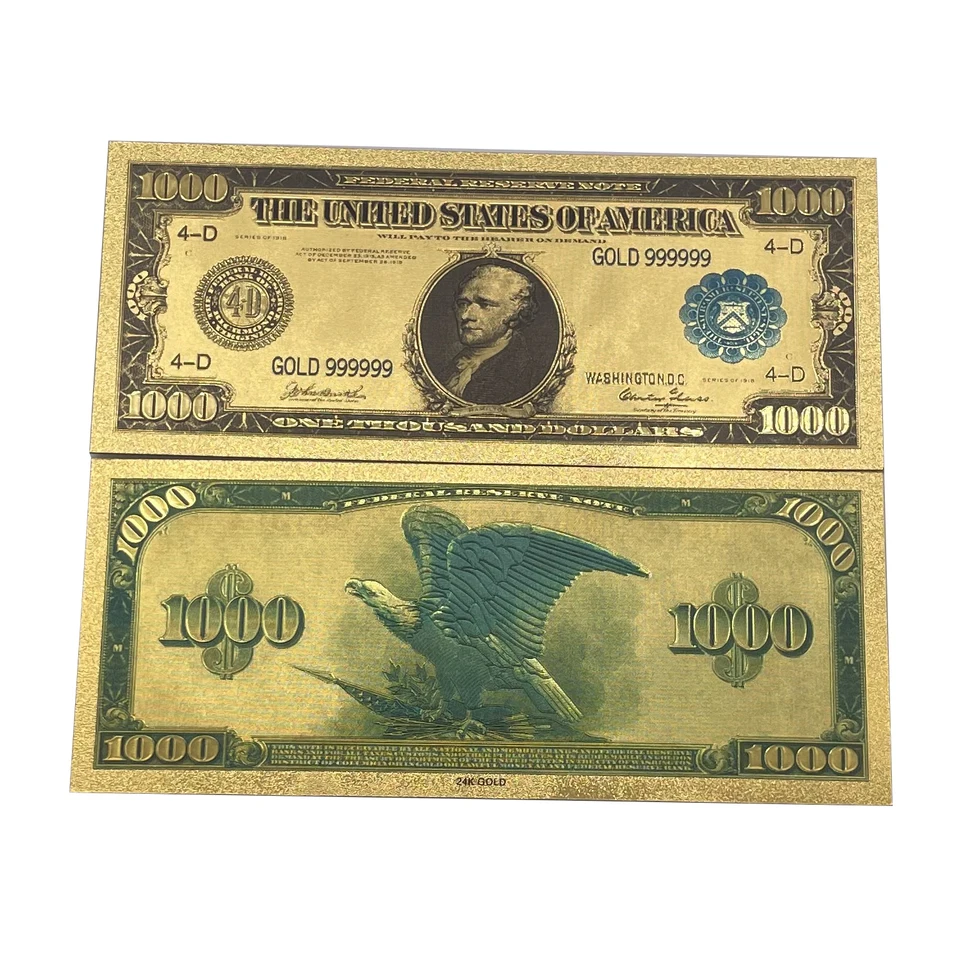 American Bill Dollar Gold BankNote 1 000 dolárov Falošné peniaze 24 000 Zlato Poznámka pre kolekciu karty lístkov na suvenír
