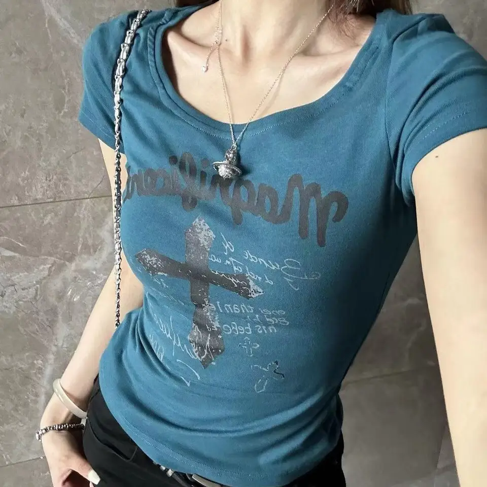 American Ins Dopamine Dark Blue Cross Tričko pre ženy jesenné americké retro y2k osobnosť