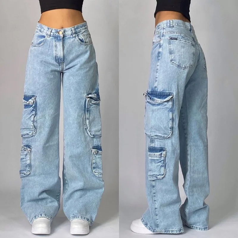 American New Blue Washed Multi-Pocket Baggy Jeans Men Y2K High Street Punk Vintage Populárne párov