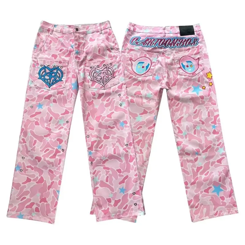 American New Fashion Camouflage Geometric Embroidery Baggy Džínany Ženy y2k harajuku gotický vintage hip hop populárny mop nohavice mop