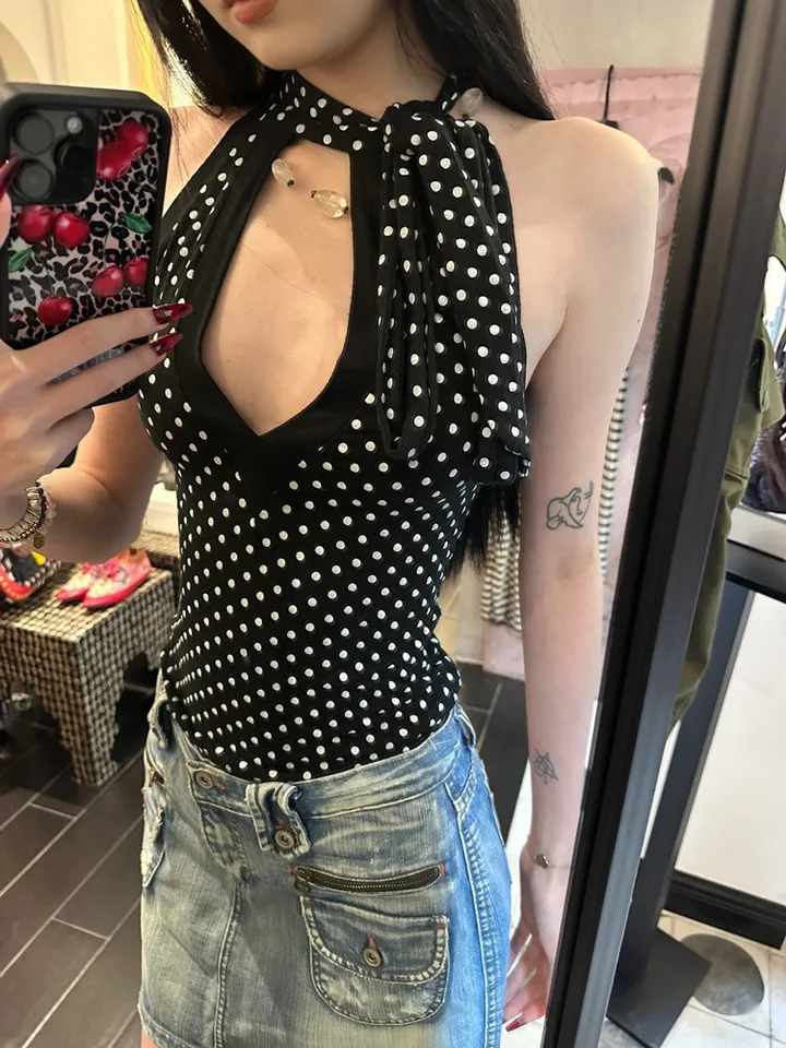 American Retro Black Polka Dot Halter bez rukávov Tops Women Casual Sexy Spice Girl Girl Slim Strap vesta leto y2k vintage oblečenie