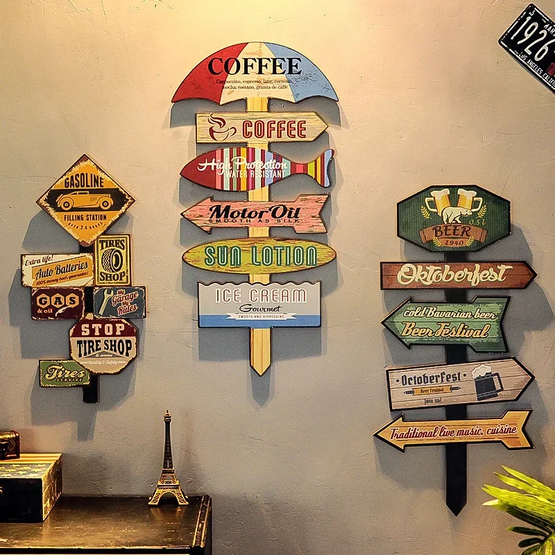 American Retro Wooden Craft Direction Sign, Creative Bar Wall Decor, Restaurant Café Wall Vintage Walling zavesenie pre jedálenský kút