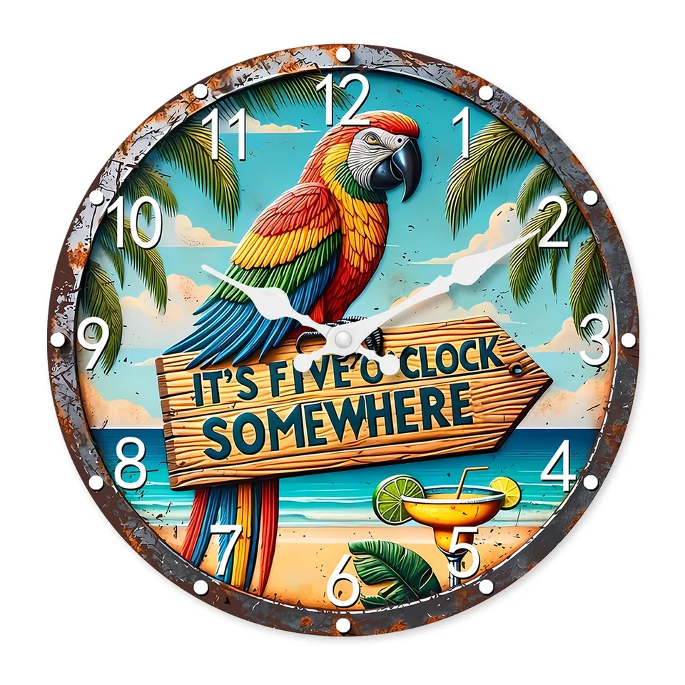American Retro 现在 sú päťbodové hodiny a plážový vzor Parrot Parrot Drevené nástenné hodiny obývacia izba Kuchyňa Domáca dekorácia Nástenné hodiny Tiché kremenné hodiny Darček s dovolenkou 11,2 palca 15,6 palca (bez batérií)