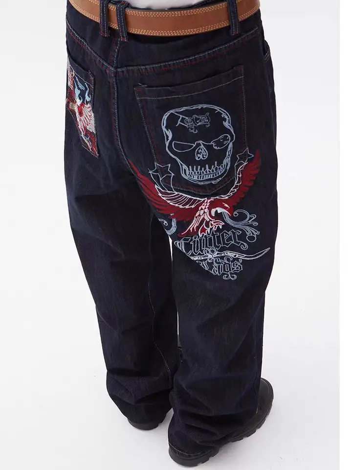 American Street Retro 90.s Hip Hop Bboy Loose Príležitostné muži a ženy vyšívané na vysokej ulici Rap Skateboard Denim Denim Piest