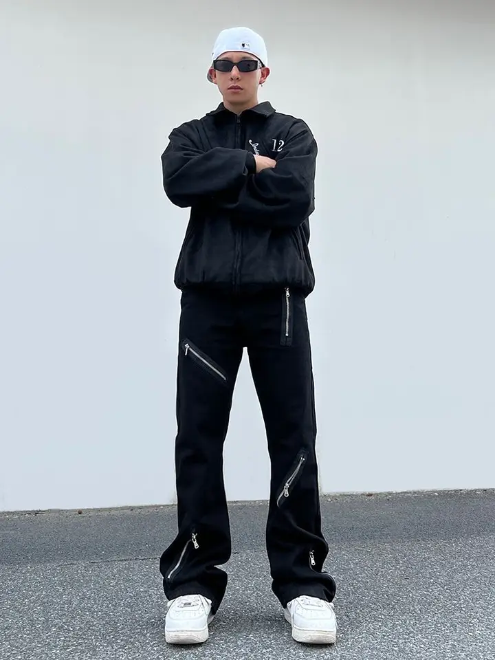 American Street Zipper Design Denim Men Pants Pure Black Loose Retro Rovné natiahnuté nohavice vysoký pás široké nohavice džínsy