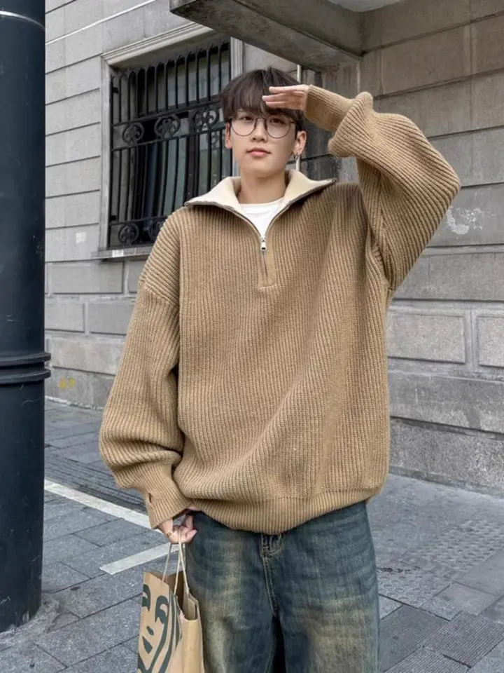 Americká jeseň a zima Muži a ženy Trendy Osobnosť lenivý štýl zipsový klopný pár voľný pletený sveter harajuku