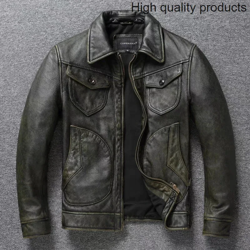 Americká kožená bunda pánske motocykle retro zúfalé grafitové olivové zelené štíhle klopa nový štýl