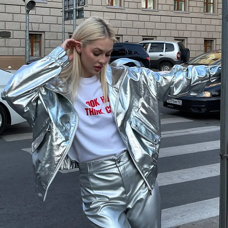 Americká móda sexy pu kožu svetlý kovový kabát nový štýl zimné oblečenie Ženy High Street Y2K Dámske oblečenie