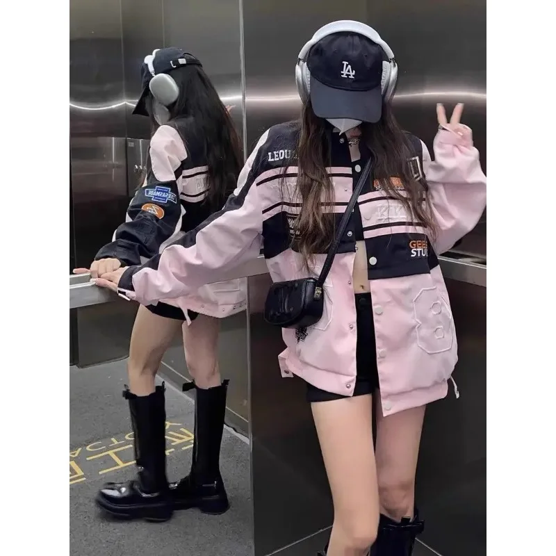 Americká módna štítok Odnímateľná motocyklová bunda Dámske oblečenie retro hip-hop voľný pár baseball outfit Pink Cast Coat