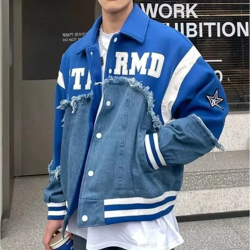 Americká patchwork klopa baseball coats pánske zelené modré jednotlivé džínsové džínsové bunda Campus Couples Retro Loose Street Outwear