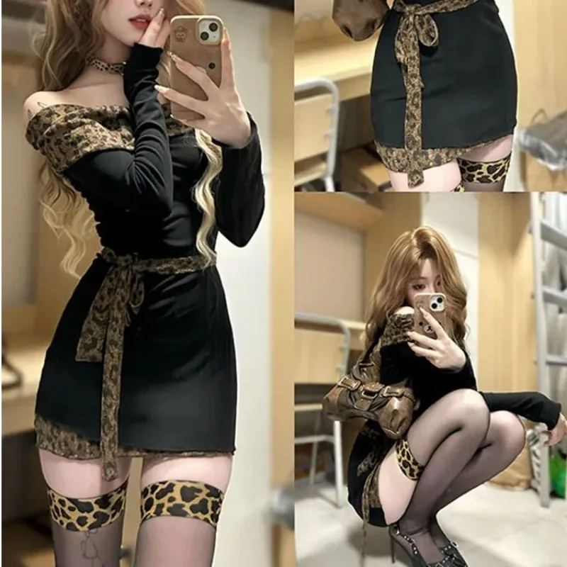 Americká vinobranie subkultúra leopard tlačí zostrihové šaty Jeseň New Y2K Harajuku mini šaty Dámska sexy tenká obalová sukňa
