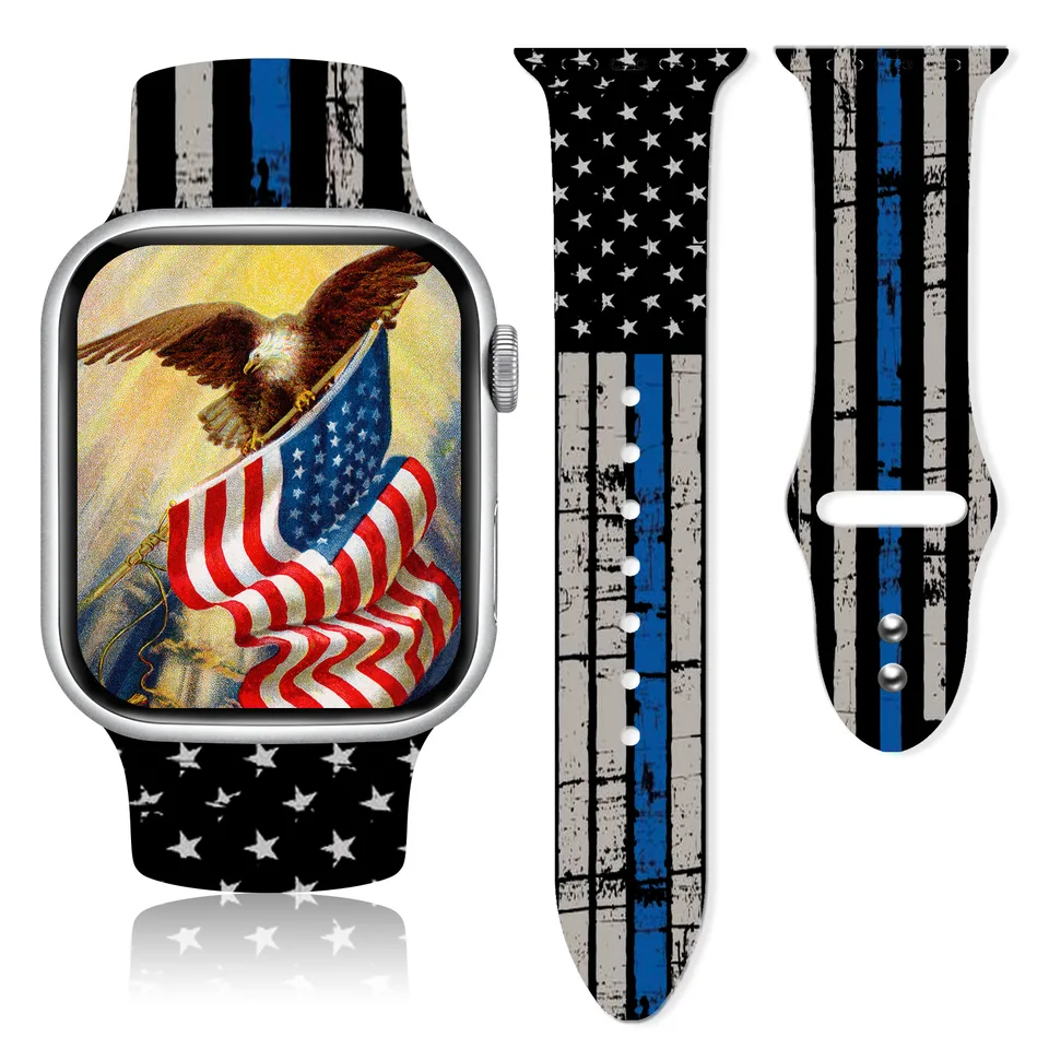 Americká vlajková nezávislosť Deň tlače silikónové hodinky vhodný pre Apple Watch Ultra Fit for iWatch9 8 7 6 5 4 3 2 1Se