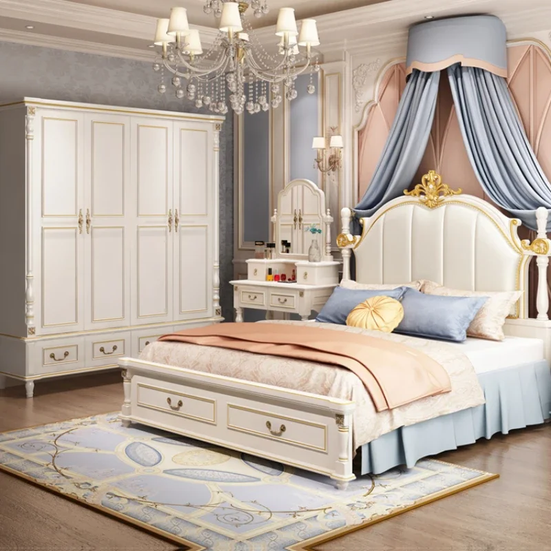 Americké drevené dievčatá Dievčatá Elegantné svetlo Luxusná kráľovná posteľ princezná podkrovie Camas de Dormitorio Full Bedroom Set Furniture