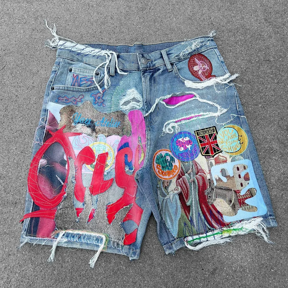 Americké patch šortky y2k džínsy harajuku hip hop vyšíva