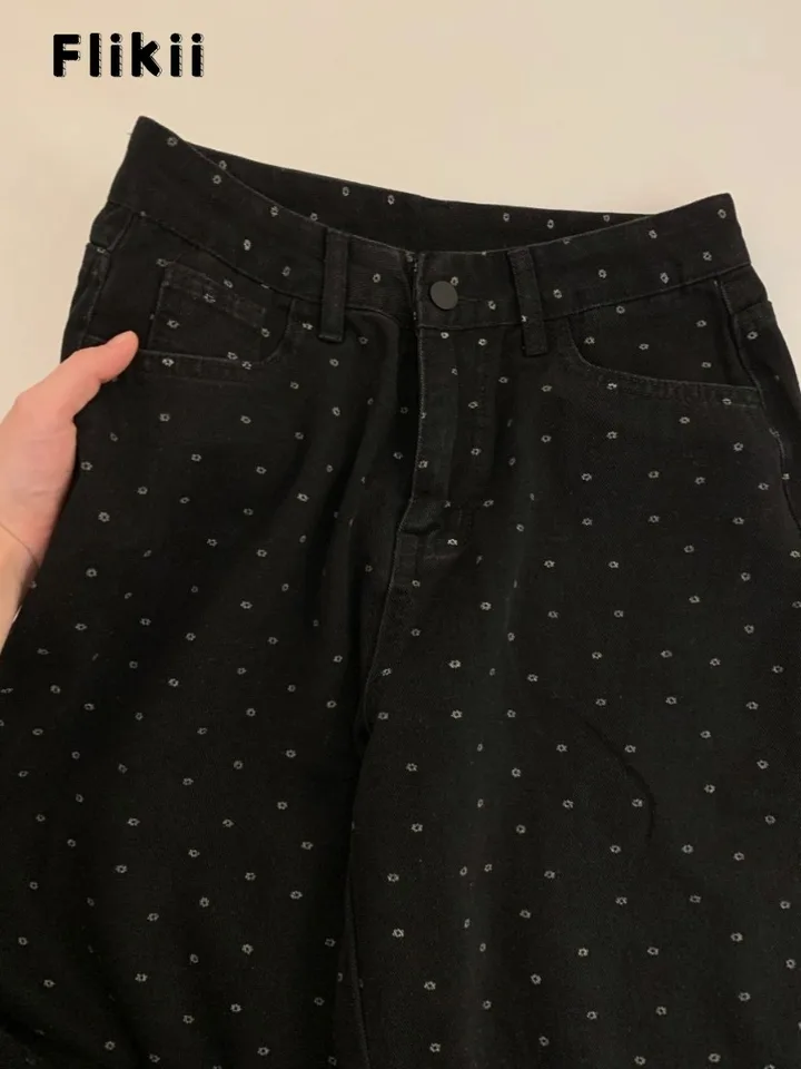 Americké vintage bodky Driadenie džínsových džínsov Dámske dámske dámske dámske nohavice 2000 -tych rokov baggy y2k široká noha grunge na vysokej ulici čierna džínsová nohavice