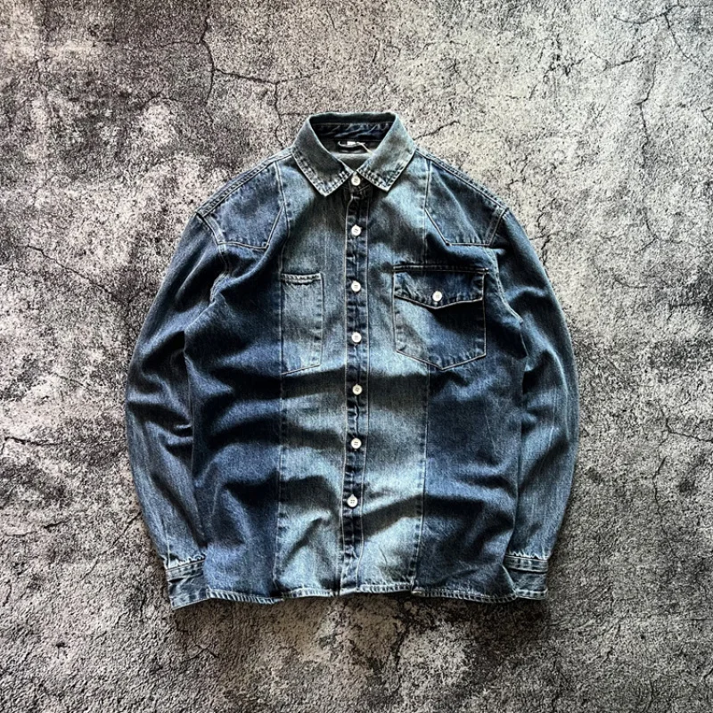 Americký retro amekaji mužský gradient modrá džínsová replika replika ovca hlava voľná osobnosť košeľu bunda 100% bavlnená vintage y2k