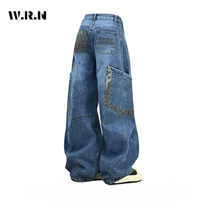 Americký retro vysoký pás s nadmerným pásom leopardové patchové džínsy Ženy Príležitostné vrecká y2k nohavice široké nohavičky Grunge Street Denim nohavice