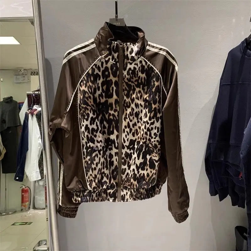 Americký vintage leopard zostrihaný PU kožená bunda High Street stojan Raglan dlhé rukávy vonkajšie odevy jar jesen