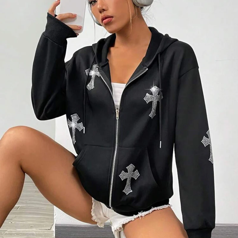 Americký štýl hip hop hviezda kamienok s výšivkou bling pre ženy zimné dlhé rukávy zipsová mikina y2k vintage harajuku