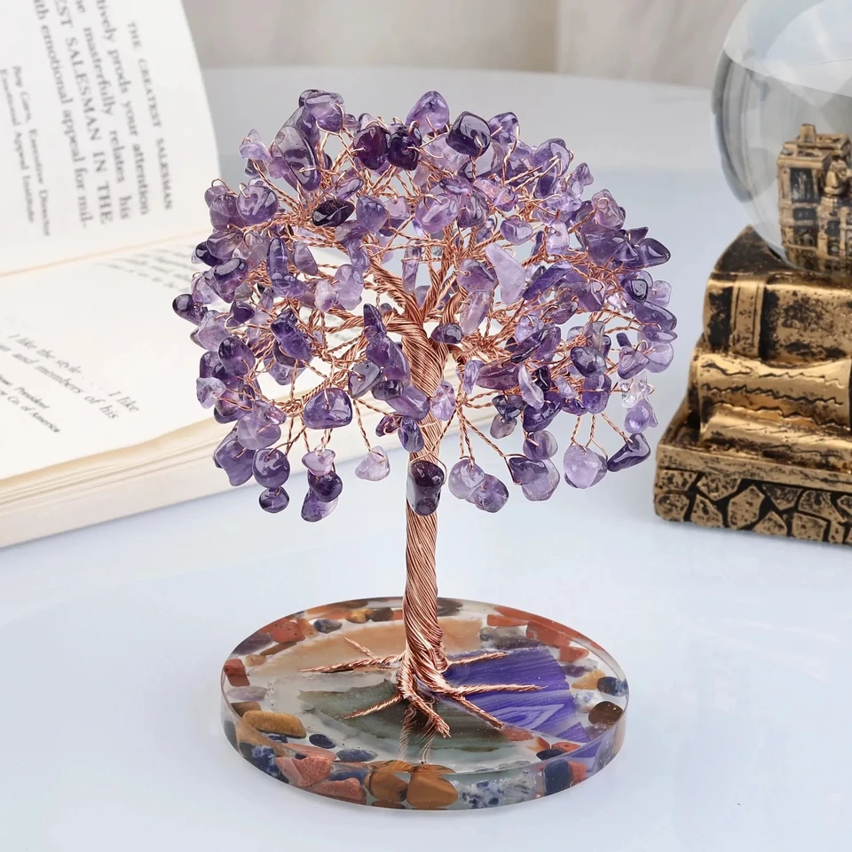 Ametyst Liečivé kryštály kamene stromový drôt zabalený na prírodné acháty Base Domáca stôl Obývacia izba Crystal Decor Mini veľkosť