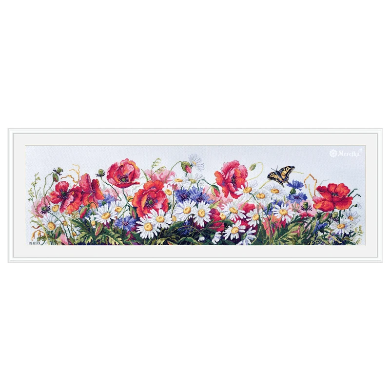 Amishop-Conted Cross Stitch Kit, poľné krásy, kvety mak a chryzantém, motýľ, meterejka k-163, špičková kvalita
