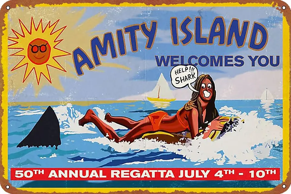 Amity Island víta vám plagát retro kovové znamenie Vintage cín znamenie pre kaviareň Domáca stena dekor 12 x 8 palcov