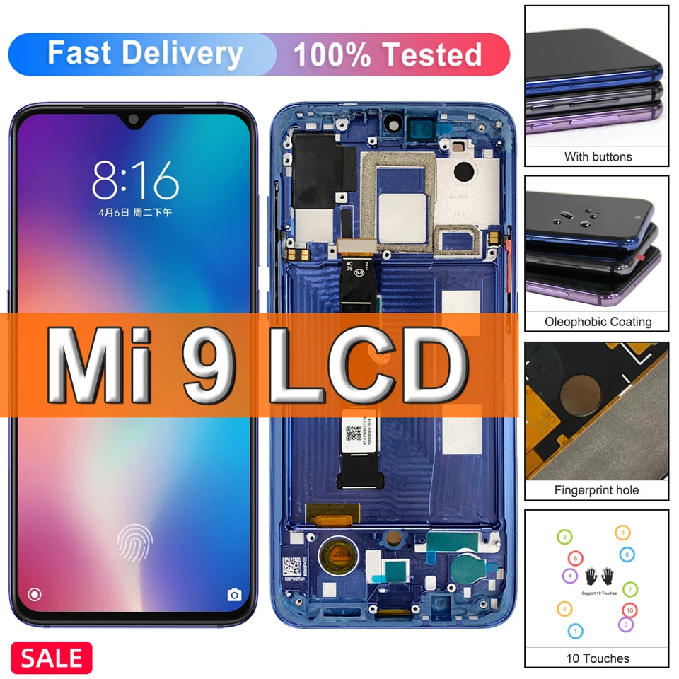 AMOLED pre Xiaomi MI 9 MI9 LCD DISPLEY DISPLEY DIGITIZERÁCIA DIGITÁRA S RÁMU pre výmenu obrazovky Xiaomi MI9 M1902F1G