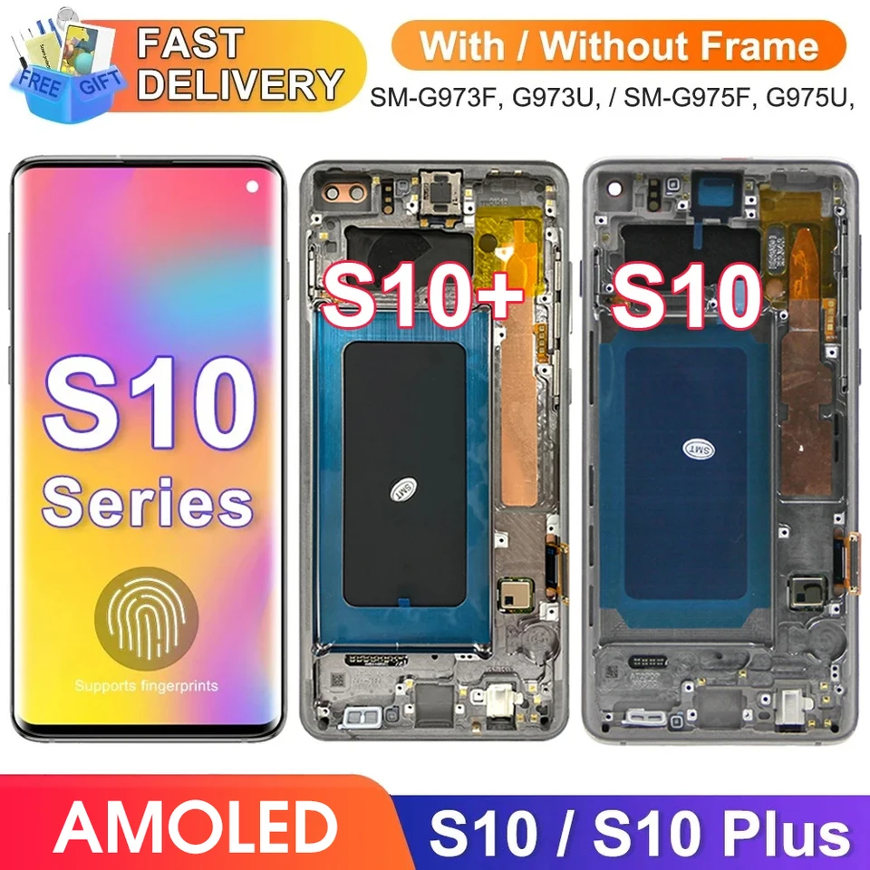 AMOLED SCRON s odtlačkami prstov, pre Samsung Galaxy S10+ G975F LCD DIGITÁLNA TOONTY SCREES WTIH RÁM S10 SM-G973F SM-G973U