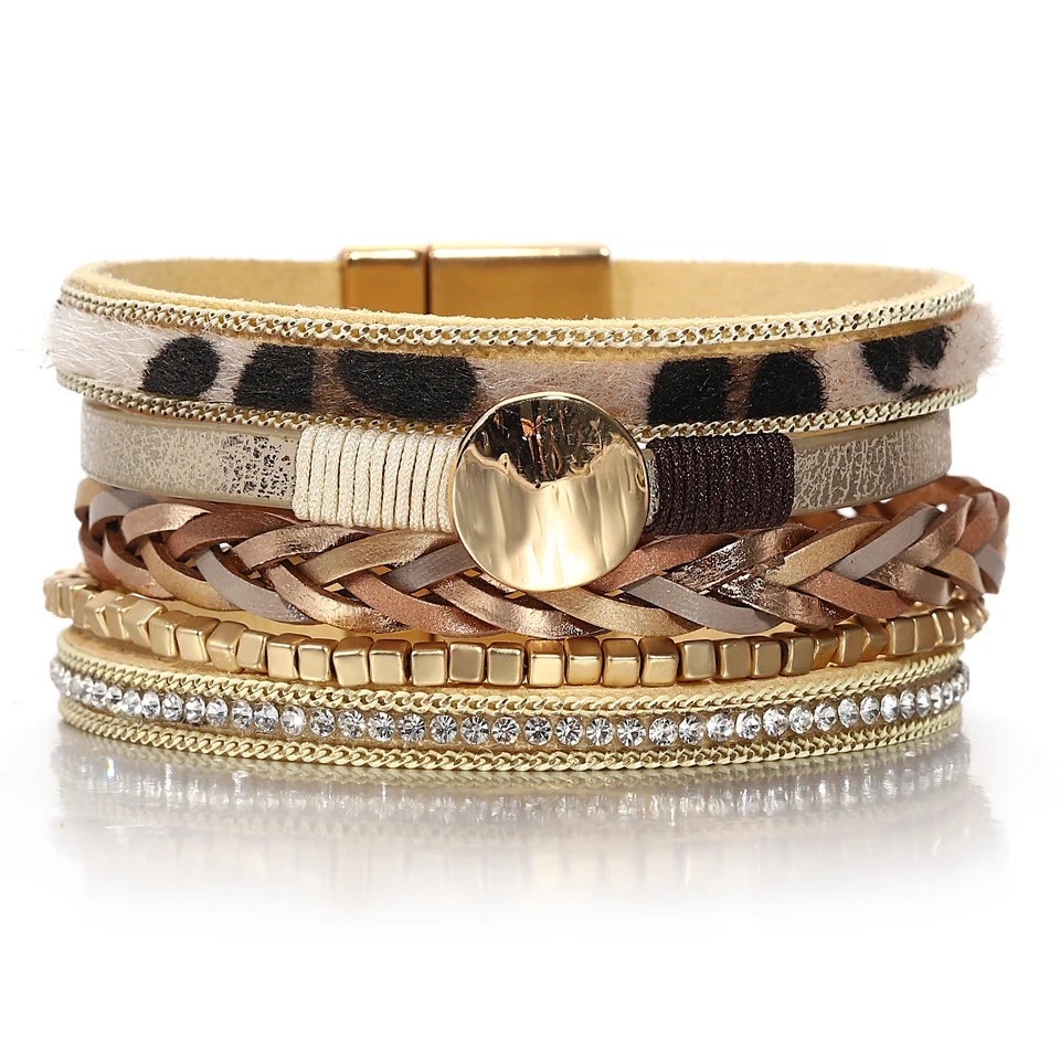 Amorcome Vintage Leopard Pleted Roather Náramok pre ženy pre ženy, štvorcové kovové korálky Viacvrstvové zábal náramok