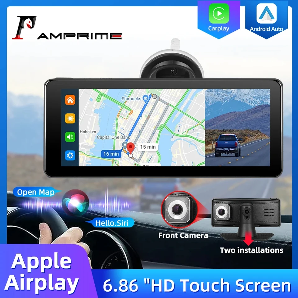 AMPRIME 6,86inch CAR Mirror Recorder Wireless CarPlay Android Auto Bluetooth Apple AirPlay GPS 4K Screen Dashboard DVR AI Voice