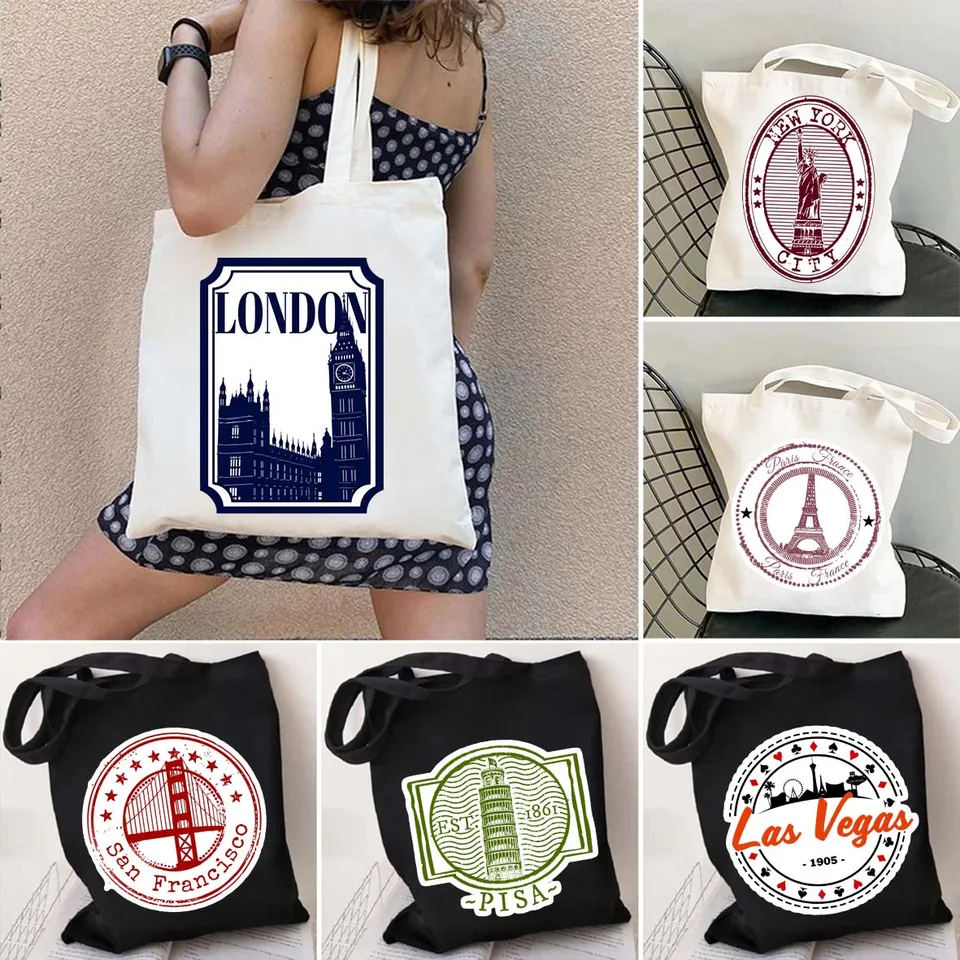 Amsterdam Las Vegas New York Paris Bangkok San Francisco Cairo Passport Stamp Ramer Canvas Tote Bag Shopper Shopper Kabelky
