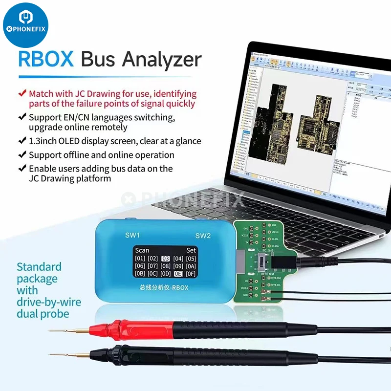 Analyzátor zbernice RBOX RBOX pre iPhone Android Telefónový signál Poruchy detekcie opravy nástroja s rýchlym polohou JC kreslenie softvéru JC