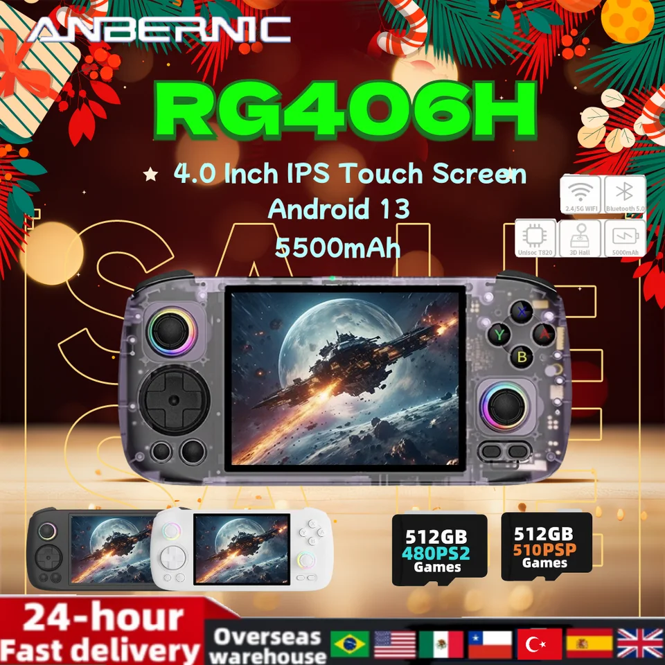 Anbernic RG406H RG 406H Ručná hra Game Console 4 palca IPS Multi-Touch Screen Android 13 8G+128G 3D Hall Joystick PSP PS2 Darček
