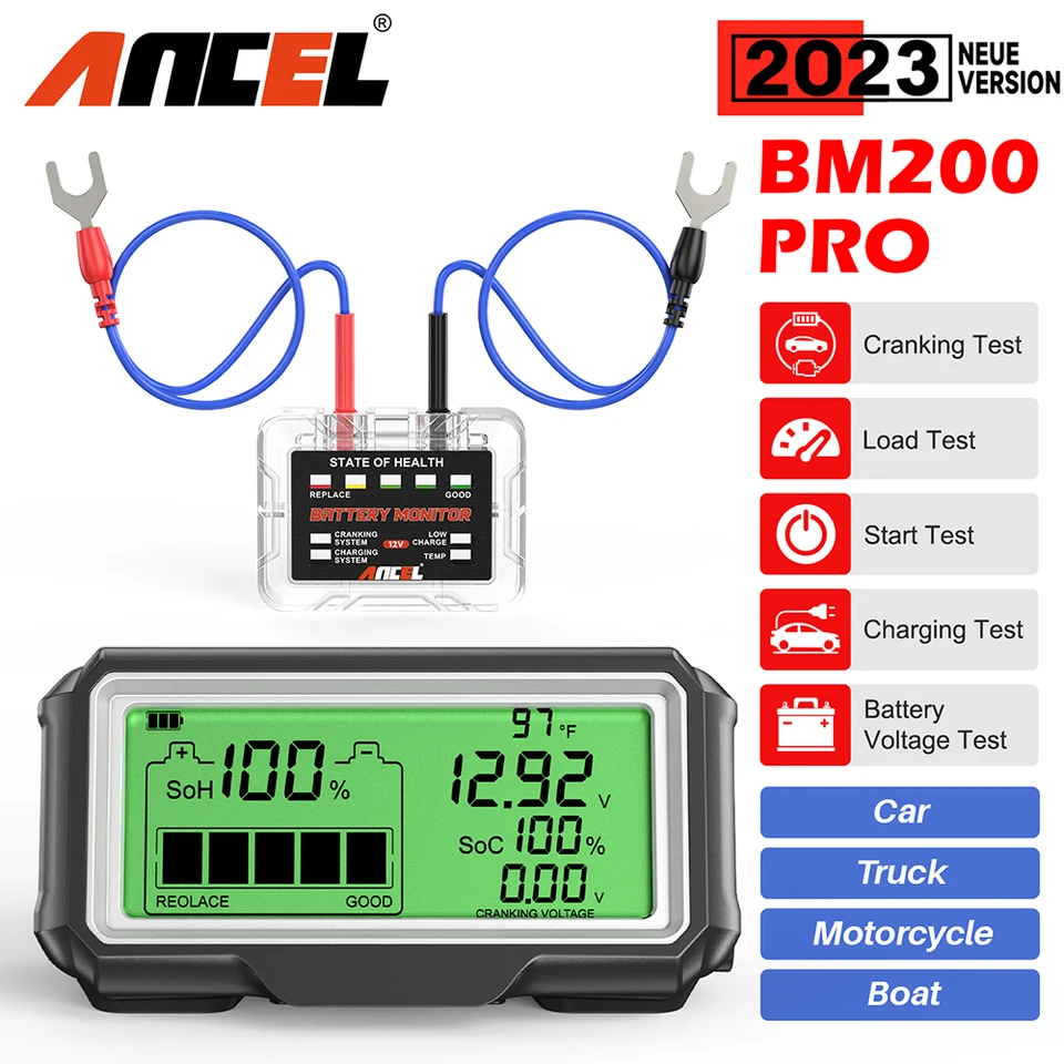 Ancel BM200 Pro 12V LED Tester Tester Tester Monitor hlava na zobrazenie batérie Analyzer SOH SOC SOC Tester Nástroje