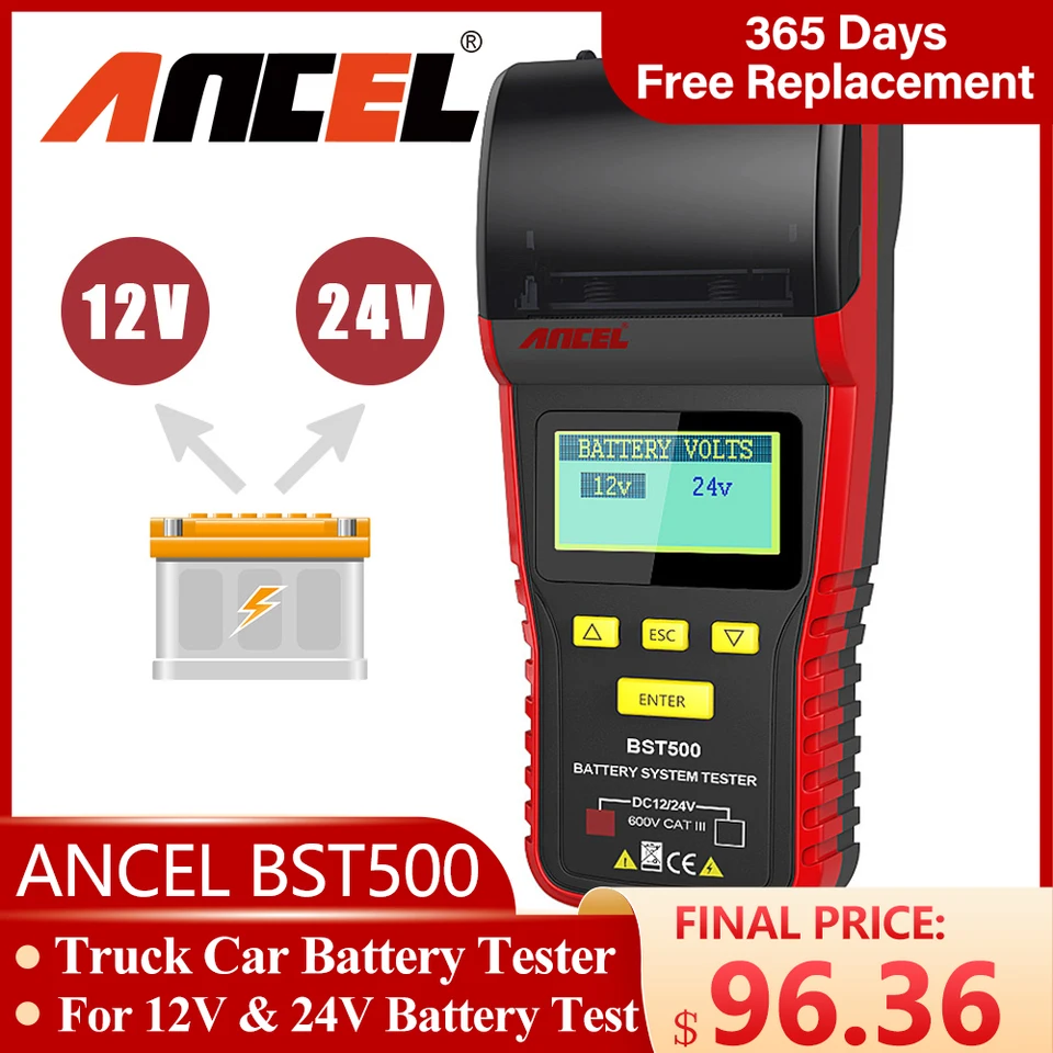 Ancel BST500 12 V Tester batérií 24 V nabíjací systém nabíjania Systém podporuje viacnásobné hodnotenie analyzátora batérie s tlačiarňou