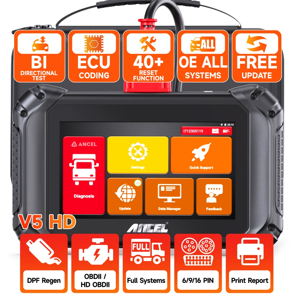 Ancel V5 HD Diagnostický nástroj Diagnostický nástroj Bluetooth OBD2 All System Oil DPF Regen ECU RESET RESET Programovanie Diesel Truck Scanne