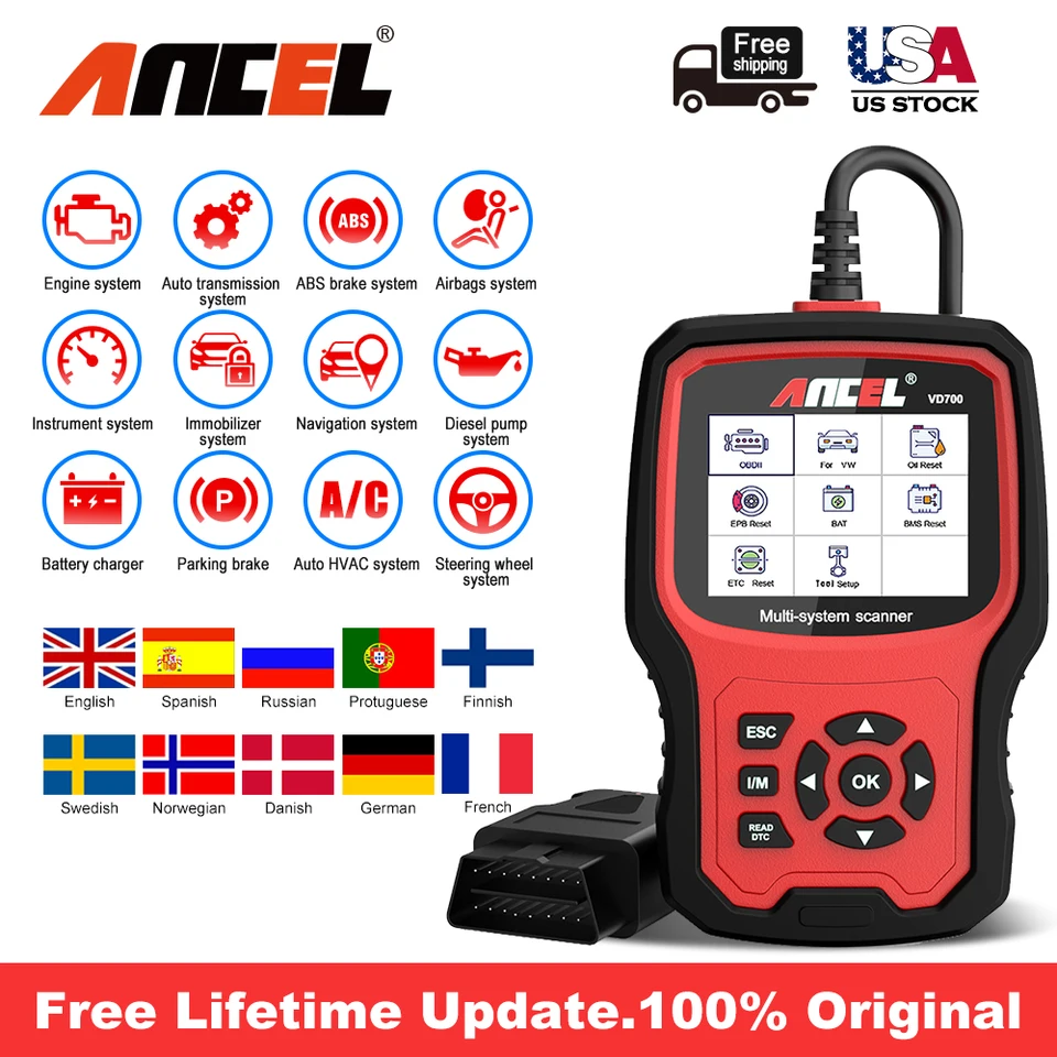 Ancel VD700 OBD2 Automotívny skener EPB ABS DPF Airbag Oil Reset Code Reader Auta