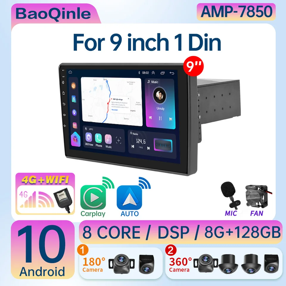 Android 10 Auto Car Radio 1 Din 9inch CarPlay GPS multimediálny hráč pre Toyota Honda Hyundai Kia Fiat 1Din Universal 178*102 mm