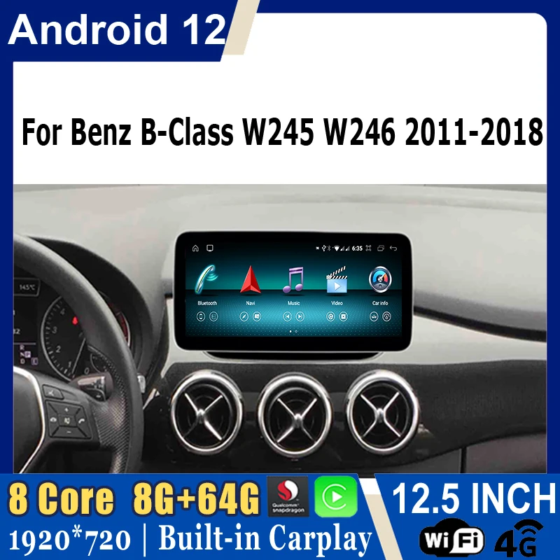 Android 12 GPS Navigation Car Multimedia Player pre Benz B-Class W246 B200 B180 B220 B260 2011-2018 LCD Touch Screen CarPlay