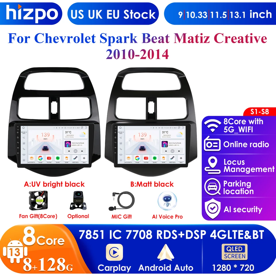 Android 13 2Din Car Radio Multimedia Video Player pre Chevrolet Spark Beat Matiz Creative 2010-2014 Navigation Carplay Stereo BT