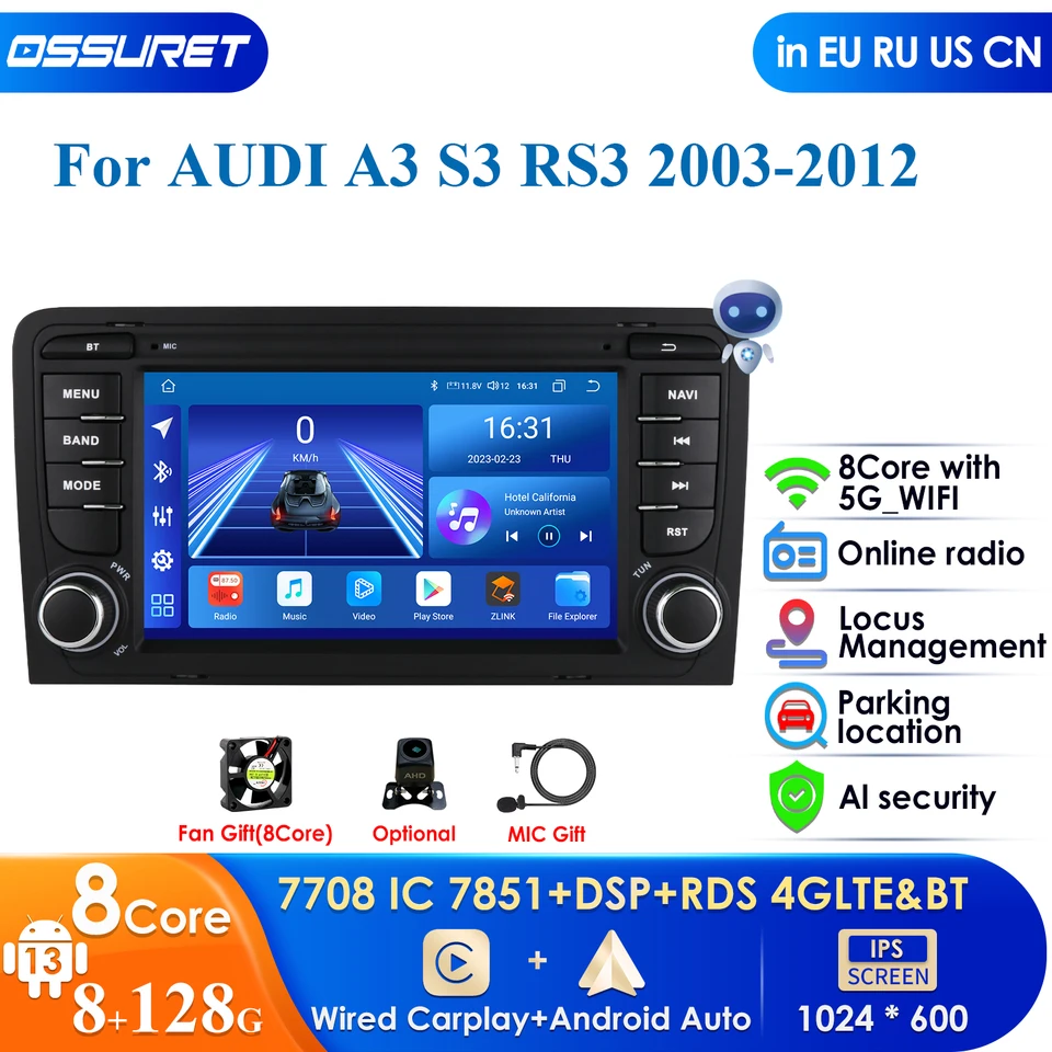 Android 13 Aut Radio Multimedia Video Player pre Audi A3 S3 RS3 2003-2012 Stereo Car Autoradio GPS Navigation RDS CarPlay 4G DSP 4G DSP