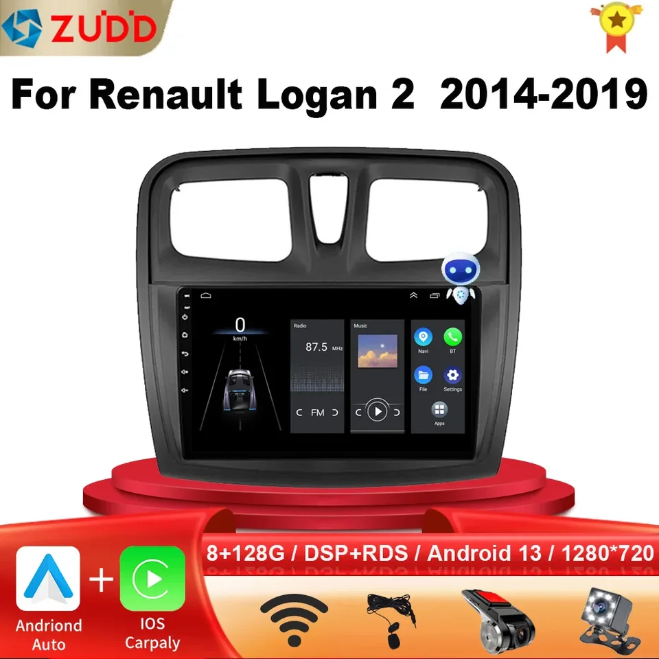 Android 13 Car Radio Multimedia Video Player pre Renault Logan 2 Sandero 2 2012 - 2019 2 DIN GPS Navigation Stereo DVD CarPlay