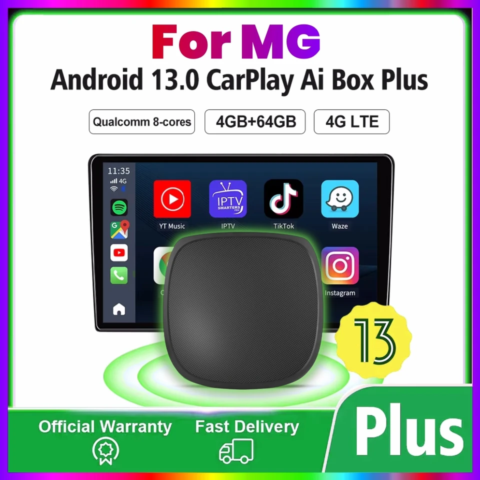 Android 13 CarPlay AI Box 4+64G Wireless Android Auto 4GLTE GPS pre YouTube Netflix pre Mg ZS EV Mulan Mg4 5 EHS Marvel R Maxus